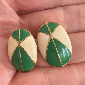 Green and Cream Enamel Oval Clip-On Earrings - Women Jewelry